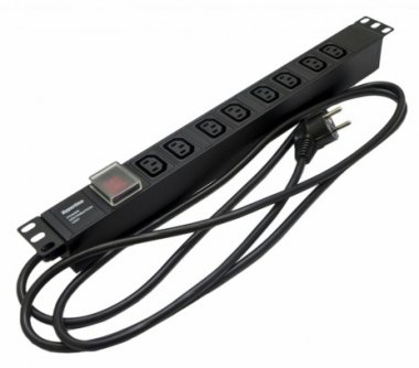 Фотография товара 'Hyperline  Блок розеток для 19" шкафов, горизонтальный, с выключателем с подсветкой, 8хIEC 320 C13, 16A, 250В, кабель питания 3х1.5мм2, SHE19-8IEC-S-2.5EU'