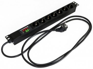 Фотография товара 'Hyperline Блок розеток для 19" шкафов, горизонтальный, амперметр/вольтметр, 7 розеток Schuko (16A), 250В, кабель питания 3х1.5мм2, SHE19-7SH-AV-2.5EU'