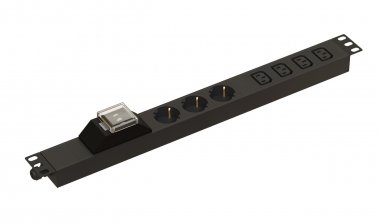 Фотография товара 'Hyperline 481808 SHE19-3SH-4IEC-B-CB Блок розеток для 19" шкафов, горизонтальный, 3 розетки Schuko'