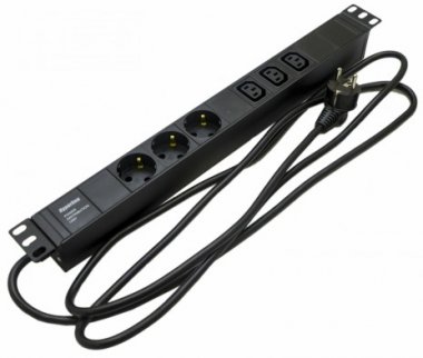 Фотография товара 'Hyperline Блок розеток для 19" шкафов, горизонтальный, 3хSchuko+3xIEC 320 C13, 16A, 250В, SHE19-3SH-3IEC-2.5EU'