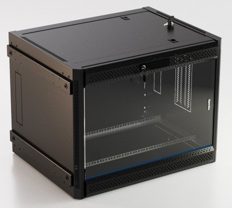 Фотография товара 'Hyperline Шкаф настенный 19-дюймовый (19"), 12U, 662x600х450мм, стеклянная дверь с перфорацией по бокам, TWB-FC-1245-GP-RAL9004'