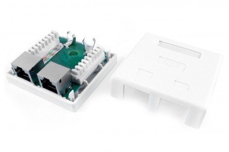 Фотография товара 'Hyperline Розетка компьютерная RJ-45(8P8C), категория 6, экранированная, двойная, внешняя, Dual IDC, SB1-2-8P8C-C6-SH-WH'