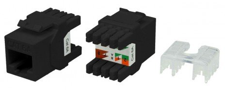 Фотография товара 'Hyperline Вставка Keystone Jack RJ-45(8P8C), категория 6a (10G), тип 180 градусов, KJ8-8P8C-C6A-180-BK'