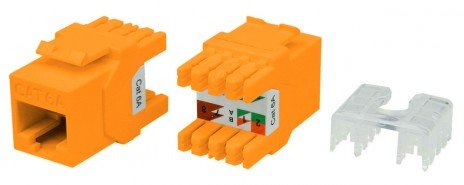 Фотография товара 'Hyperline Вставка Keystone Jack RJ-45(8P8C), категория 6a (10G), тип 180 градусов, KJ8-8P8C-C6A-180-OR'
