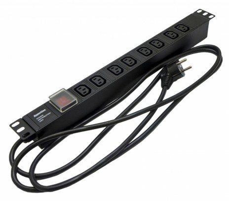 Фотография товара 'Hyperline  Блок розеток для 19" шкафов, горизонтальный, с выключателем с подсветкой, 8хIEC 320 C13, 16A, 250В, кабель питания 3х1.5мм2, SHE19-8IEC-S-2.5EU'