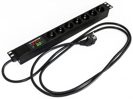 Фотография товара 'Hyperline Блок розеток для 19" шкафов, горизонтальный, амперметр/вольтметр, 7 розеток Schuko (16A), 250В, кабель питания 3х1.5мм2, SHE19-7SH-AV-2.5EU'