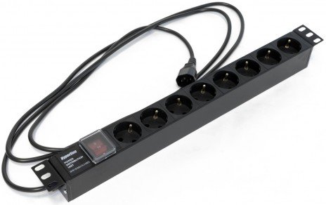 Фотография товара 'Hyperline Блок розеток для 19" шкафов, горизонтальный, с выключателем с подсветкой, 8 розеток Schuko (10A), 250В, кабель питания 3х1.0мм2, SHE19-8SH-S-2.5IEC'