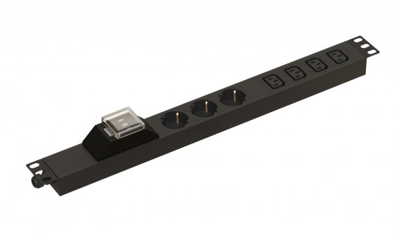 Фотография товара 'Hyperline 481808 SHE19-3SH-4IEC-B-CB Блок розеток для 19" шкафов, горизонтальный, 3 розетки Schuko'