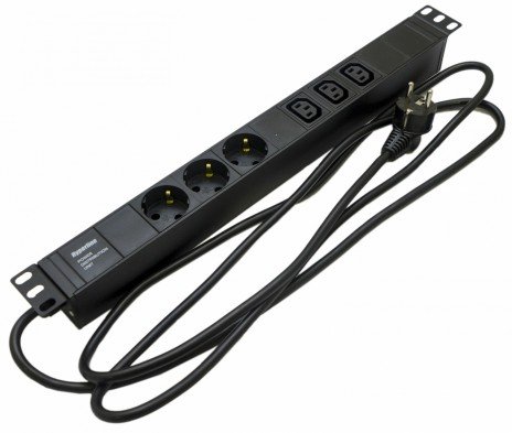 Фотография товара 'Hyperline Блок розеток для 19" шкафов, горизонтальный, 3хSchuko+3xIEC 320 C13, 16A, 250В, SHE19-3SH-3IEC-2.5EU'