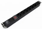 Hyperline Блок розеток для 19" шкафов, горизонтальный, с выключателем с подсветкой, 6 розеток Schuko (10А), 250В, SHE19-6SH-S-IEC