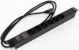Hyperline Блок розеток для 19" шкафов, горизонтальный, с выключателем с подсветкой, 6 розеток Schuko (16A), 250В, SHE19-6SH-S-2.5EU